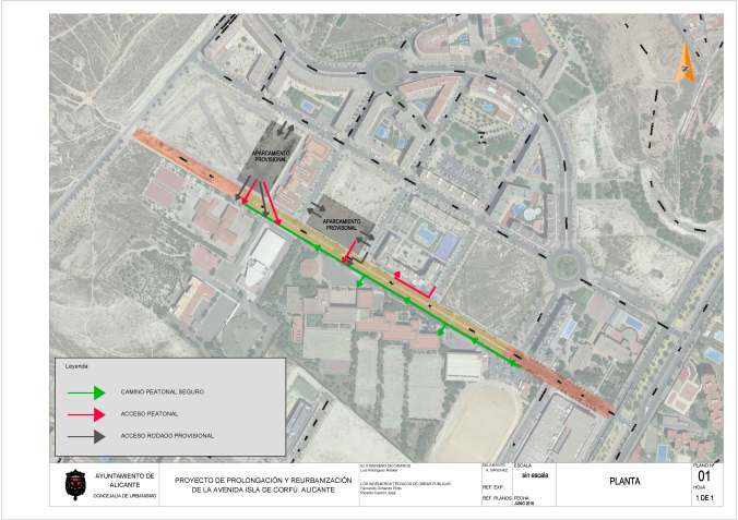 Plano de aparcamientos e itinerarios temporales en obra