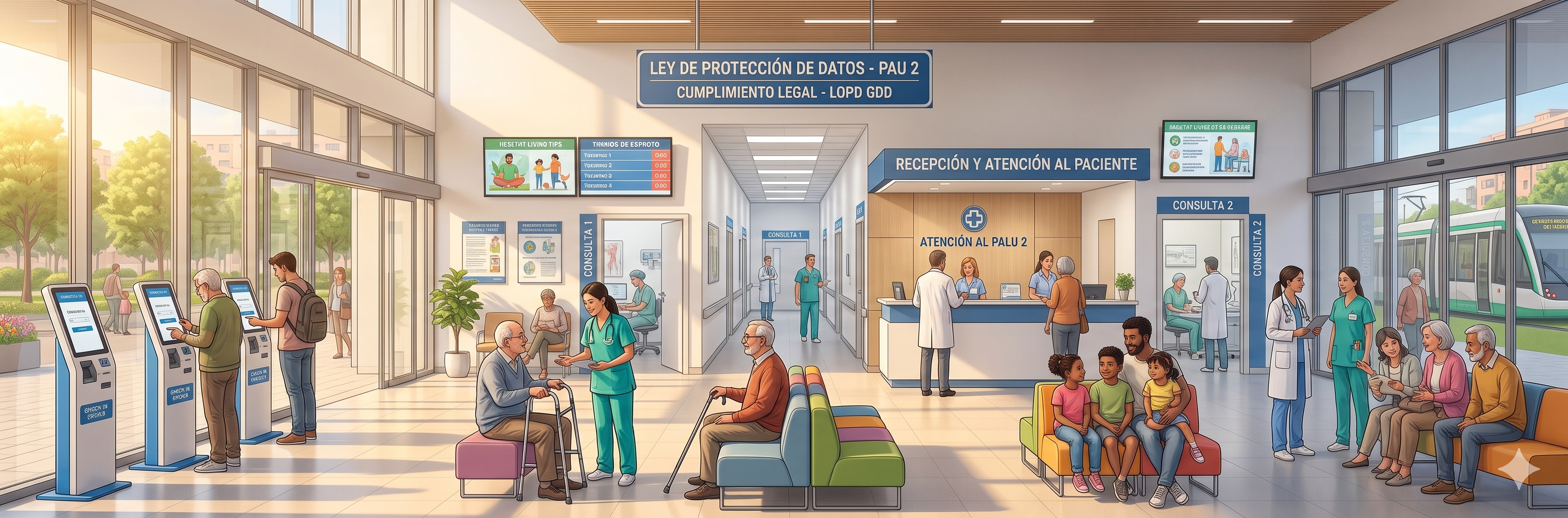 Ilustración interactiva del Hall e Interior del Centro de Salud